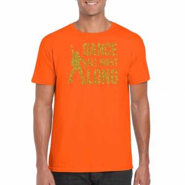 Gouden muziek t shirt / shirt dance all night long oranje heren