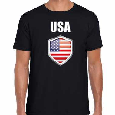 Usa landen supporter t shirt amerikaanse vlag schild zwart heren