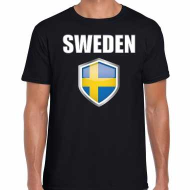 Zweden landen supporter t shirt zweedse vlag schild zwart heren