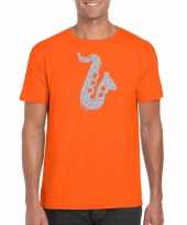 Zilveren saxofoon muziek t-shirt kleding oranje heren