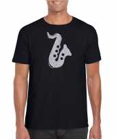 Zilveren saxofoon muziek t-shirt kleding zwart heren